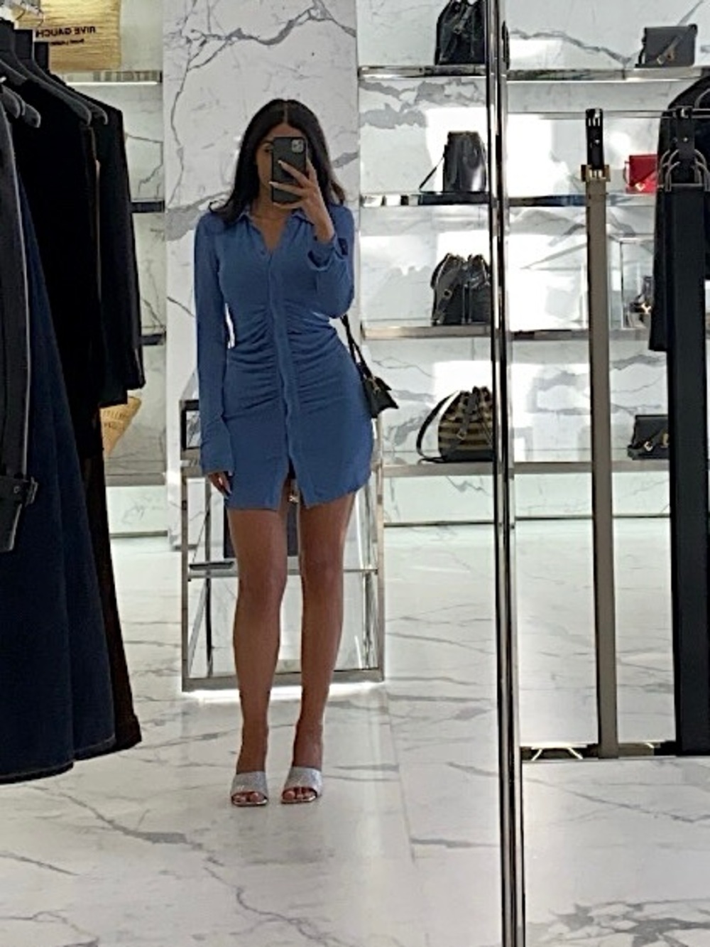 Bardot Blue Ruched Long Sleeve Shirt Dress